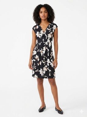 Black Floral Wrap-Front Faux Wrap Cottony Stretchy Comfy Dress